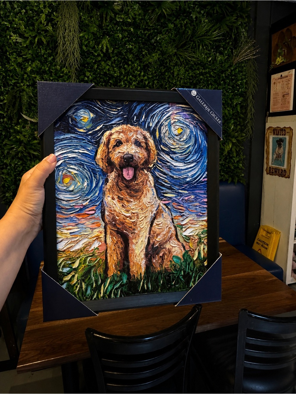 Framed Golden Retriever Oil-Style Canvas Print in Blue and Tan
